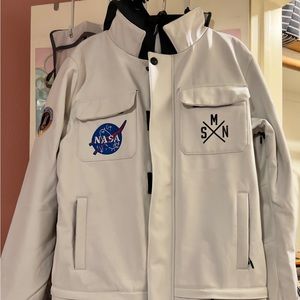 One piece Snowsuit for Snowboarding or Skiing. NASA Theme and patches